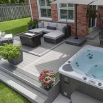 a hot tub on a Clubhouse Earthtone PVC in Brookstone, Medium Gray with Natural Tone deck