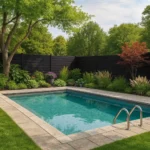 a pool in a backyard with black composite fence
