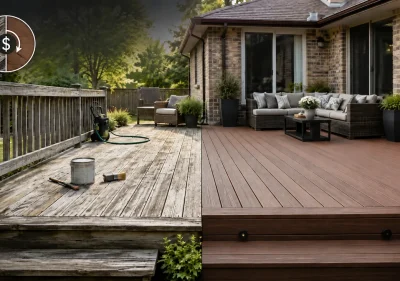 Side-by-side Ontario backyard deck comparison showing weathered pressure-treated wood beside low-maintenance composite decking, illustrating whether composite decking is worth the money compared to wood in an Ontario cost breakdown.
