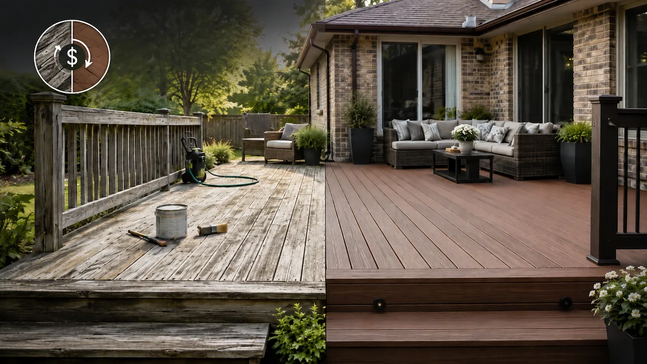 Side-by-side Ontario backyard deck comparison showing weathered pressure-treated wood beside low-maintenance composite decking, illustrating whether composite decking is worth the money compared to wood in an Ontario cost breakdown.